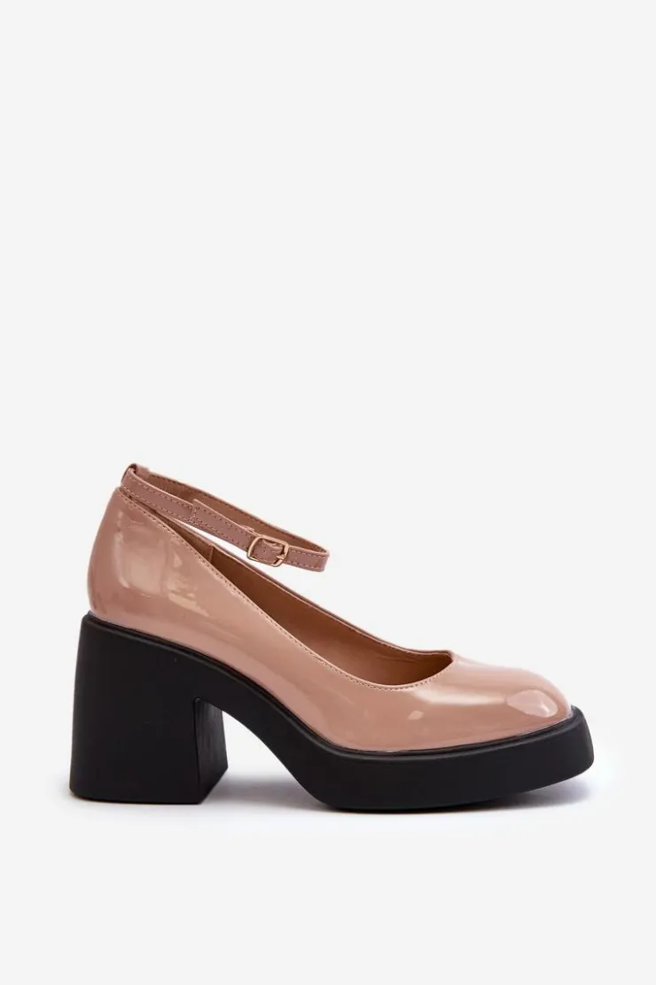 Boto Czółenka Na Platformie|Czółenka Na Słupku*Lakierowane Czółenka Na Masywnym Obcasie Ciemnobeżowe Effiba