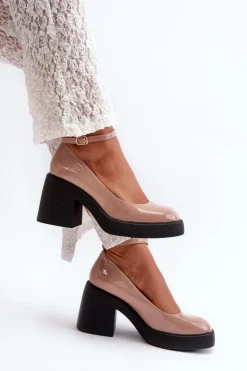 Boto Czółenka Na Platformie|Czółenka Na Słupku*Lakierowane Czółenka Na Masywnym Obcasie Ciemnobeżowe Effiba