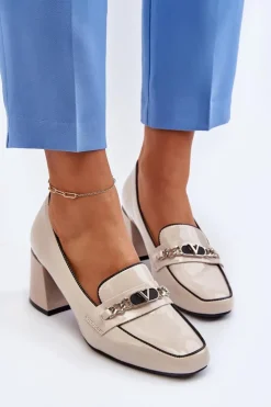 Buty damskie Vinceza Czółenka Na Słupku|Czółenka Klasyczne*Lakierowane Czółenka Na Niskim Obcasie Z Ozdobą Beżowe Makki
