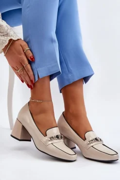 Buty damskie Vinceza Czółenka Na Słupku|Czółenka Klasyczne*Lakierowane Czółenka Na Niskim Obcasie Z Ozdobą Beżowe Makki