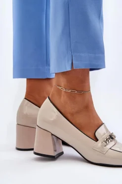 Buty damskie Vinceza Czółenka Na Słupku|Czółenka Klasyczne*Lakierowane Czółenka Na Niskim Obcasie Z Ozdobą Beżowe Makki