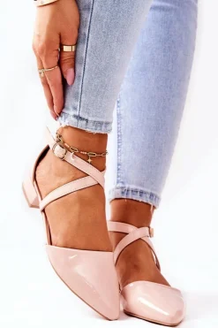 Boto Czółenka Na Słupku*Lakierowane Czółenka Na Niskim Obcasie Beżowe Giovanna