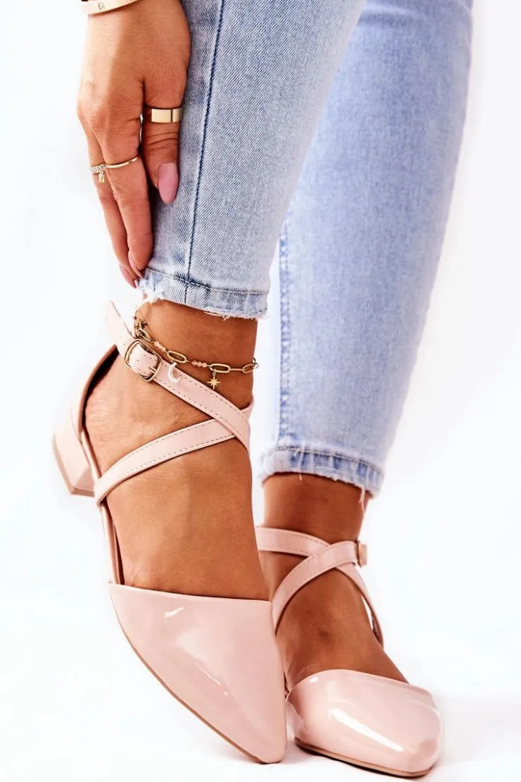 Boto Czółenka Na Słupku*Lakierowane Czółenka Na Niskim Obcasie Beżowe Giovanna