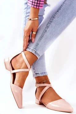 Boto Czółenka Na Słupku*Lakierowane Czółenka Na Niskim Obcasie Beżowe Giovanna