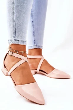 Boto Czółenka Na Słupku*Lakierowane Czółenka Na Niskim Obcasie Beżowe Giovanna