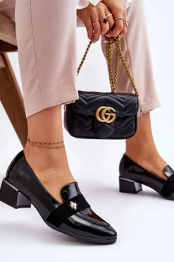 Damskie Buty damskie Vinceza Lakierowane Czółenka Na Niskim Obcasie Z Ozdobą Czarne Doria