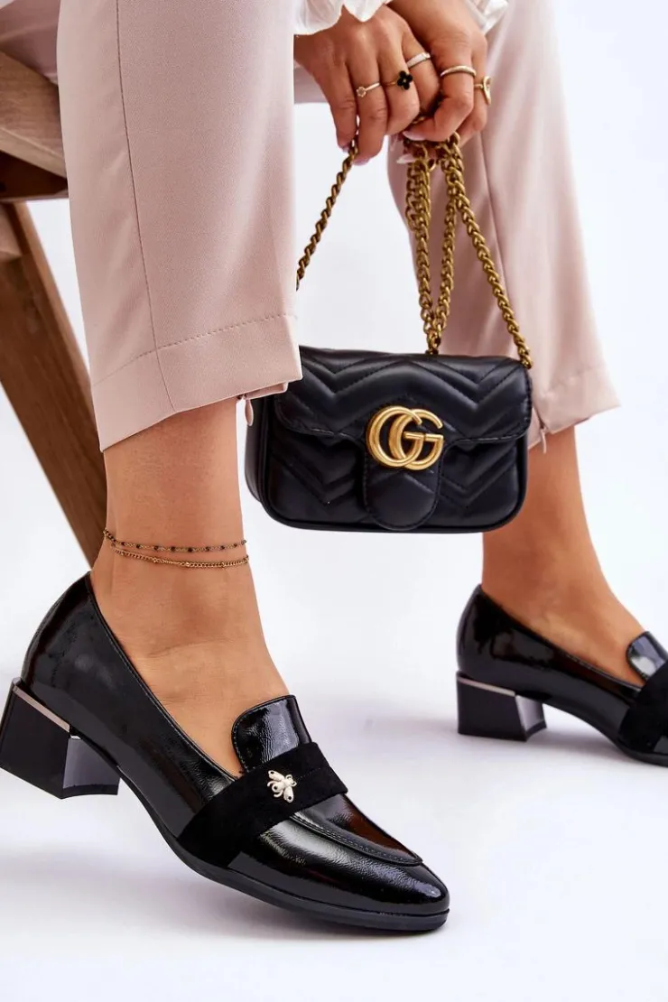 Damskie Buty damskie Vinceza Lakierowane Czółenka Na Niskim Obcasie Z Ozdobą Czarne Doria