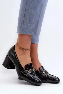 Damskie Buty damskie Vinceza Lakierowane Czółenka Na Niskim Obcasie Z Ozdobą Czarne Makki