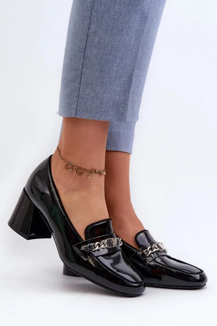 Damskie Buty damskie Vinceza Lakierowane Czółenka Na Niskim Obcasie Z Ozdobą Czarne Makki