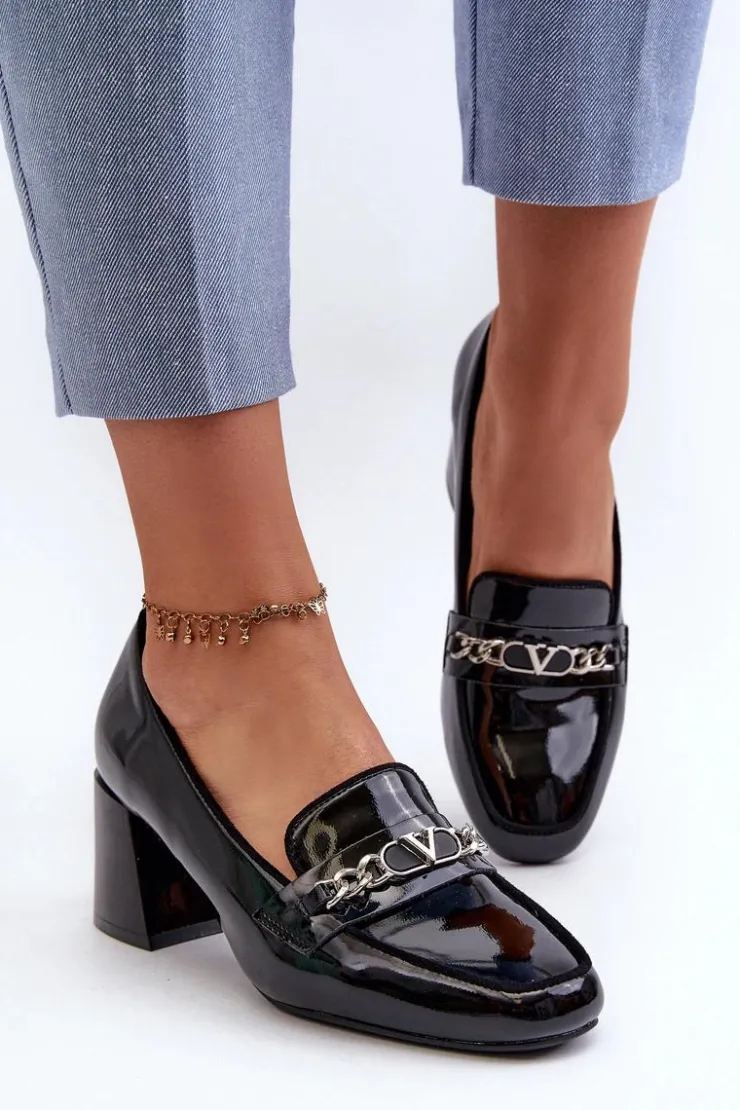 Damskie Buty damskie Vinceza Lakierowane Czółenka Na Niskim Obcasie Z Ozdobą Czarne Makki
