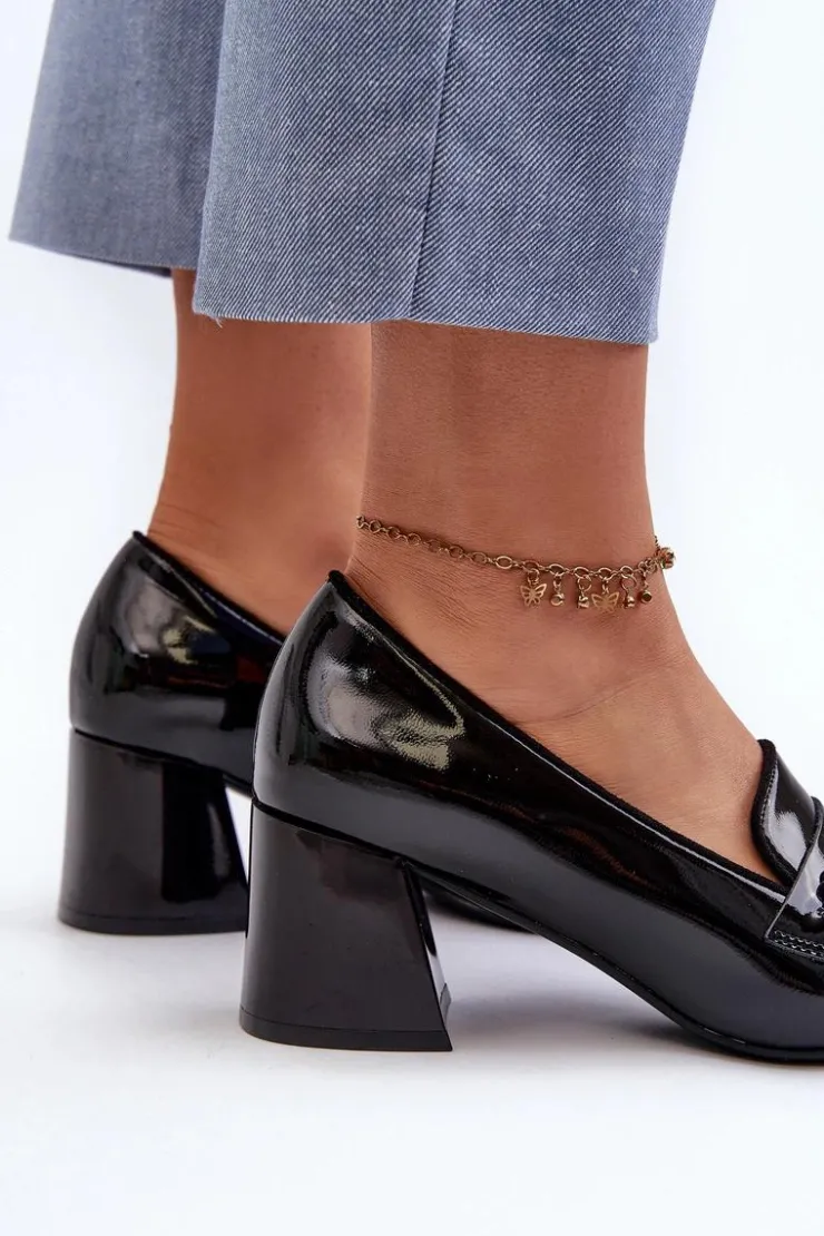 Damskie Buty damskie Vinceza Lakierowane Czółenka Na Niskim Obcasie Z Ozdobą Czarne Makki