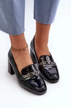 Damskie Buty damskie Vinceza Lakierowane Czółenka Na Niskim Obcasie Z Ozdobą Czarne Makki