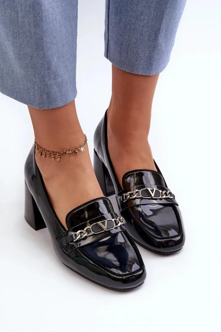 Damskie Buty damskie Vinceza Lakierowane Czółenka Na Niskim Obcasie Z Ozdobą Czarne Makki