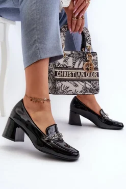 Damskie Buty damskie Vinceza Lakierowane Czółenka Na Niskim Obcasie Z Ozdobą Czarne Makki