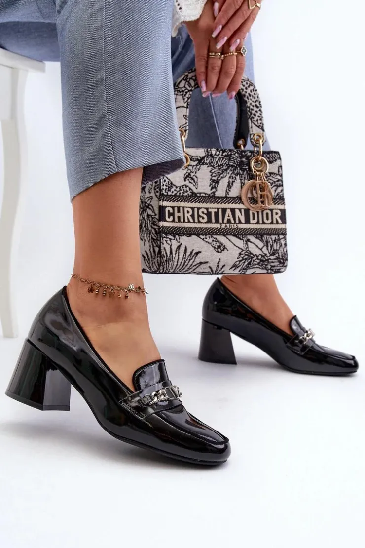 Damskie Buty damskie Vinceza Lakierowane Czółenka Na Niskim Obcasie Z Ozdobą Czarne Makki