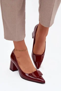 Damskie Boto Lakierowane Czółenka Na Słupku Z Ozdobą Bordowe Isoline