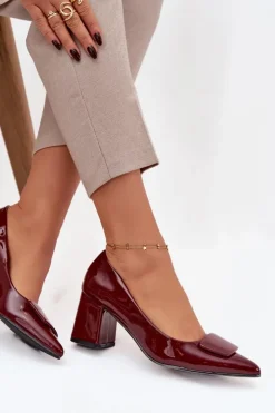 Damskie Boto Lakierowane Czółenka Na Słupku Z Ozdobą Bordowe Isoline
