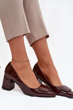 Online Boto Lakierowane Czółenka Na Słupku Z Ozdobą Czekoladowe Isoline Brązowy