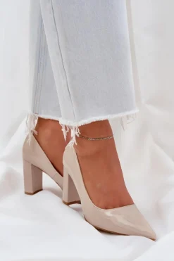 Damskie Boto Lakierowane Czółenka Na Słupkowym Obcasie Beżowe Kilanne