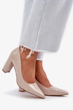 Damskie Boto Lakierowane Czółenka Na Słupkowym Obcasie Beżowe Kilanne