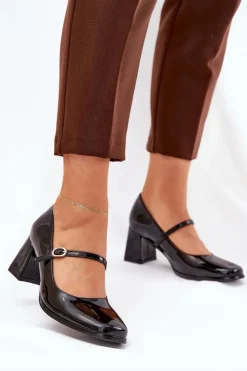 Outlet Boto Lakierowane Czółenka Na Słupku Z Paskiem I Sprzączką Czarne Tammirea