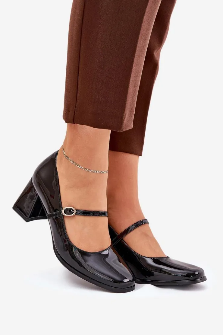 Outlet Boto Lakierowane Czółenka Na Słupku Z Paskiem I Sprzączką Czarne Tammirea