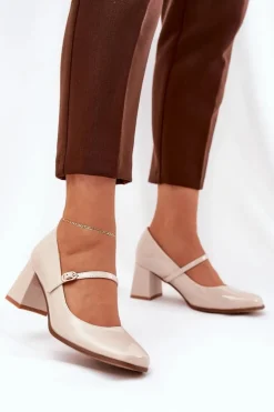 Damskie Boto Lakierowane Czółenka Na Słupku Z Paskiem I Sprzączką Beżowe Tammirea