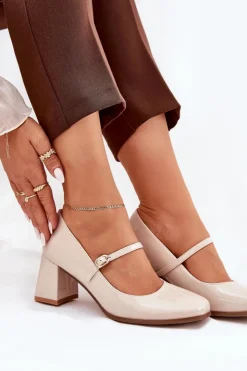 Damskie Boto Lakierowane Czółenka Na Słupku Z Paskiem I Sprzączką Beżowe Tammirea