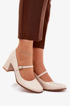 Damskie Boto Lakierowane Czółenka Na Słupku Z Paskiem I Sprzączką Beżowe Tammirea