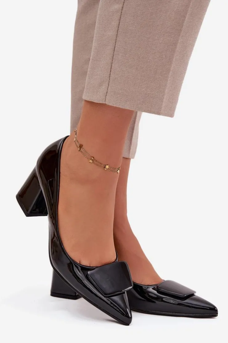 New Boto Lakierowane Czółenka Na Słupku Z Ozdobą Czarne Isoline Czarny