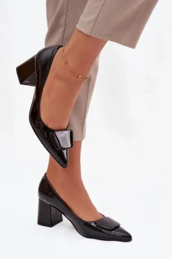 New Boto Lakierowane Czółenka Na Słupku Z Ozdobą Czarne Isoline Czarny