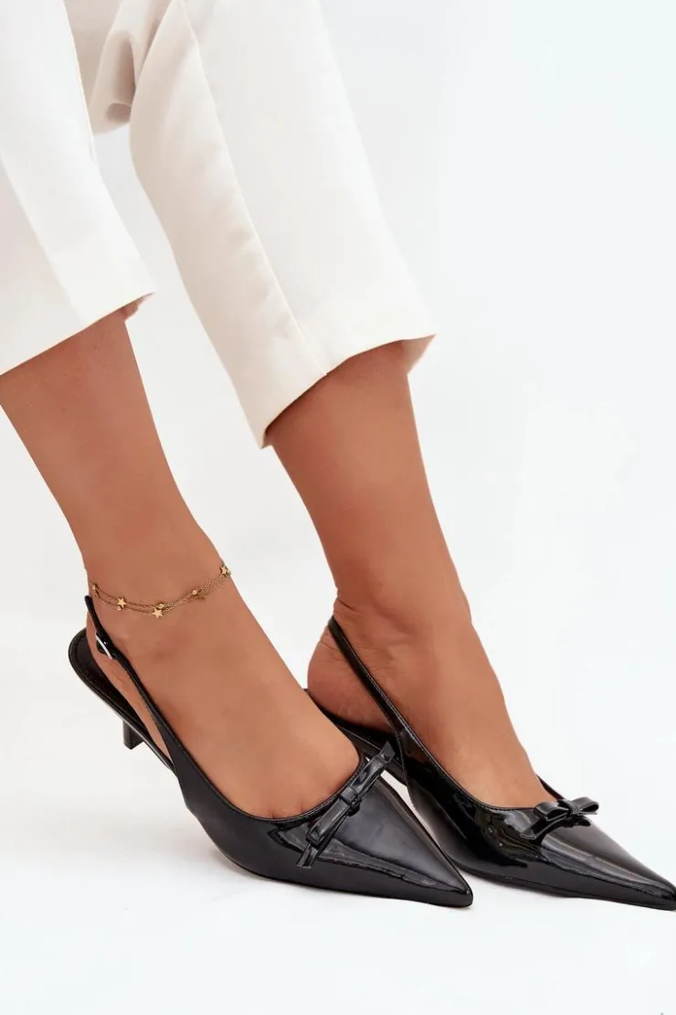 Damskie Boto Lakierowane Czółenka Na Szpilce Z Kokardką Czarne Olvena