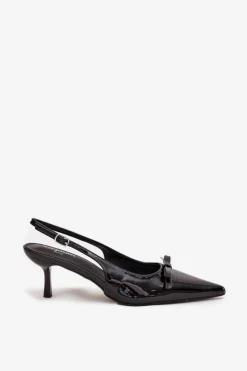 Damskie Boto Lakierowane Czółenka Na Szpilce Z Kokardką Czarne Olvena