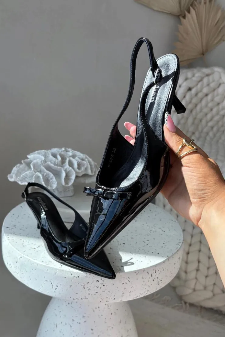 Damskie Boto Lakierowane Czółenka Na Szpilce Z Kokardką Czarne Olvena