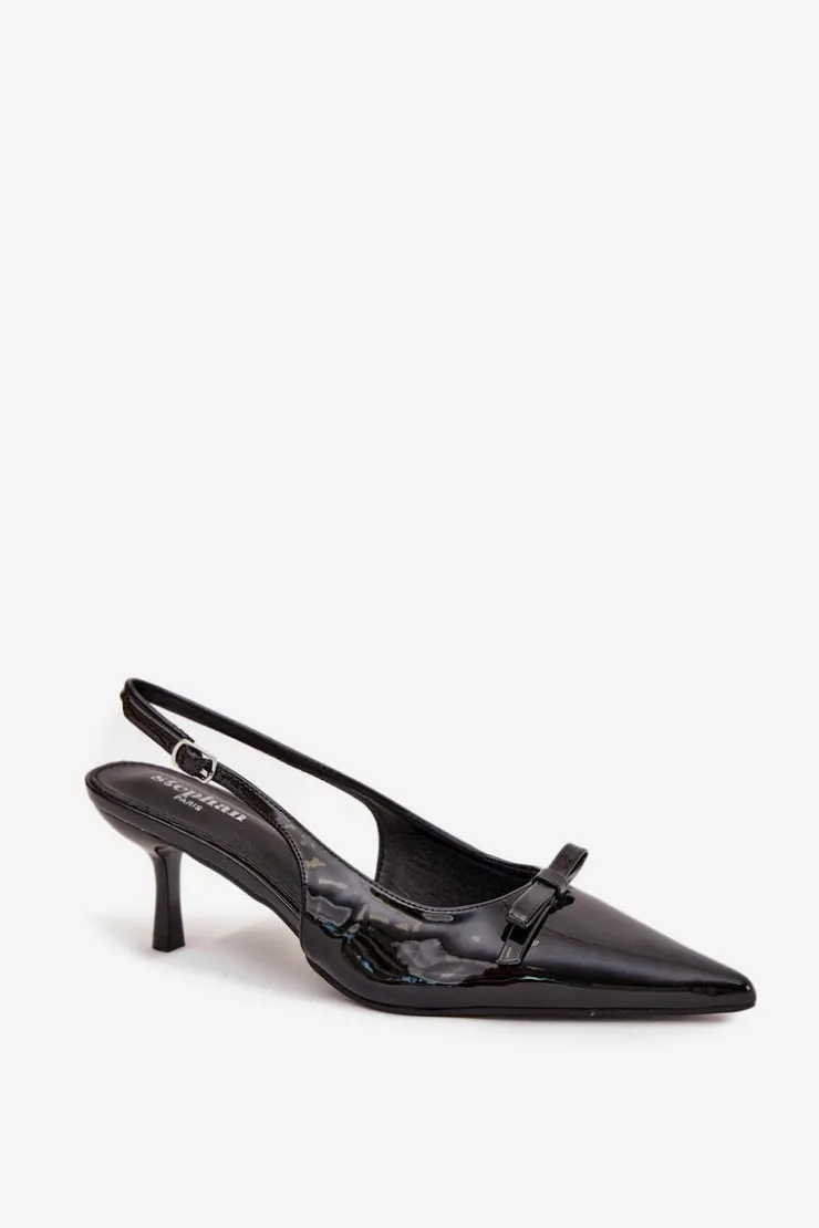 Damskie Boto Lakierowane Czółenka Na Szpilce Z Kokardką Czarne Olvena