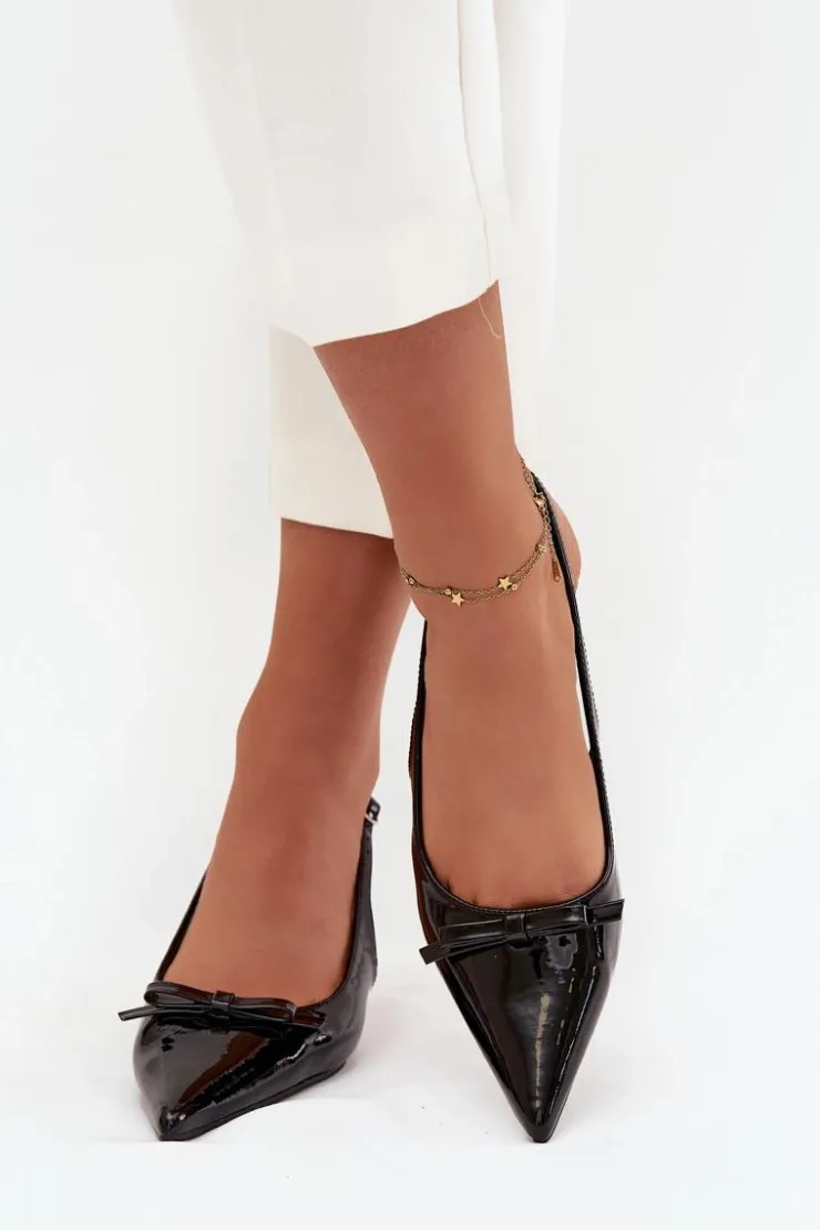 Damskie Boto Lakierowane Czółenka Na Szpilce Z Kokardką Czarne Olvena