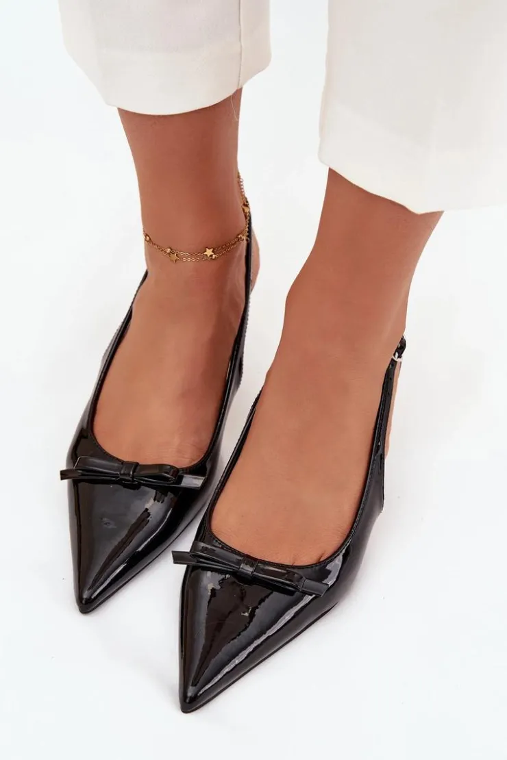 Damskie Boto Lakierowane Czółenka Na Szpilce Z Kokardką Czarne Olvena