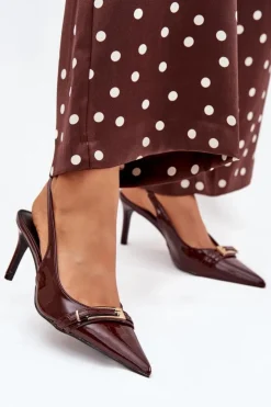 Boto Szpilki Lakierowane|Czółenka Klasyczne*Lakierowane Czółenka Na Szpilce Ze Złotą Klamrą Czekoladowe Vivae