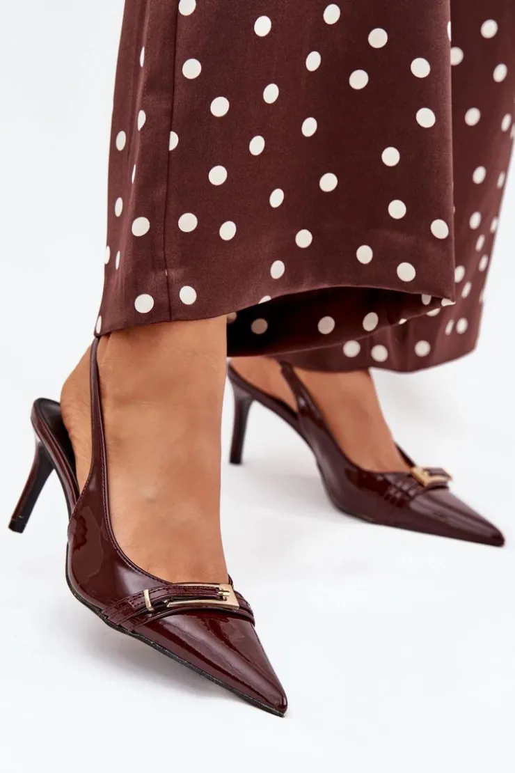 Boto Szpilki Lakierowane|Czółenka Klasyczne*Lakierowane Czółenka Na Szpilce Ze Złotą Klamrą Czekoladowe Vivae