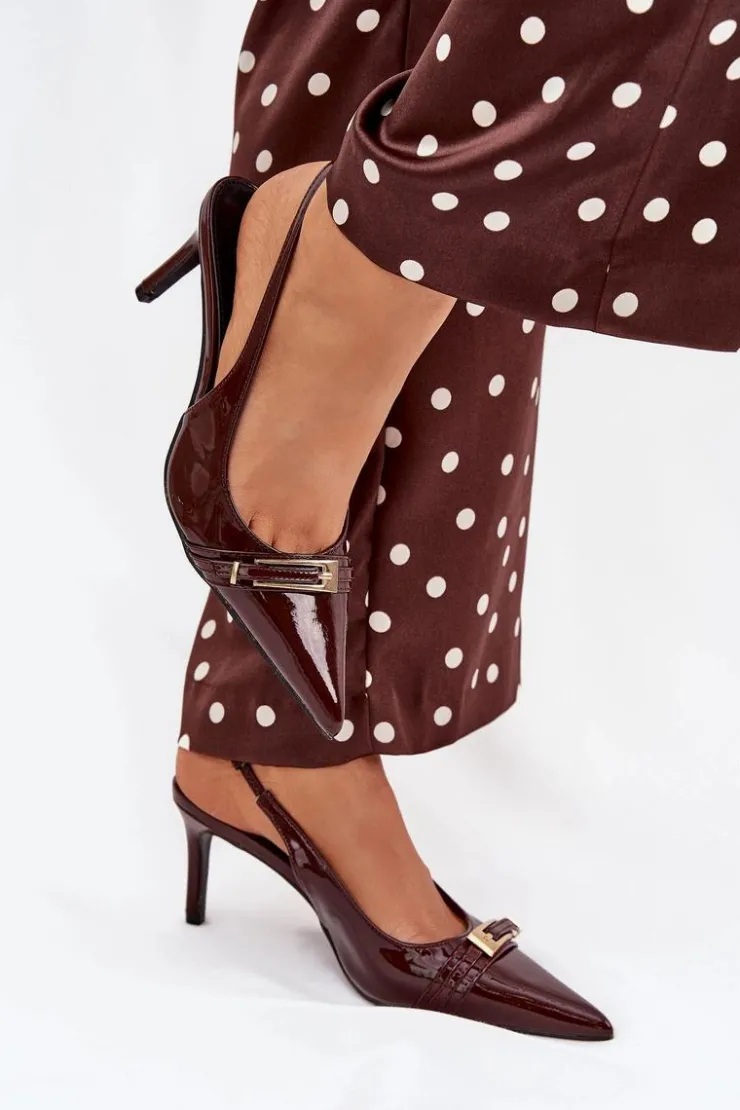 Boto Szpilki Lakierowane|Czółenka Klasyczne*Lakierowane Czółenka Na Szpilce Ze Złotą Klamrą Czekoladowe Vivae