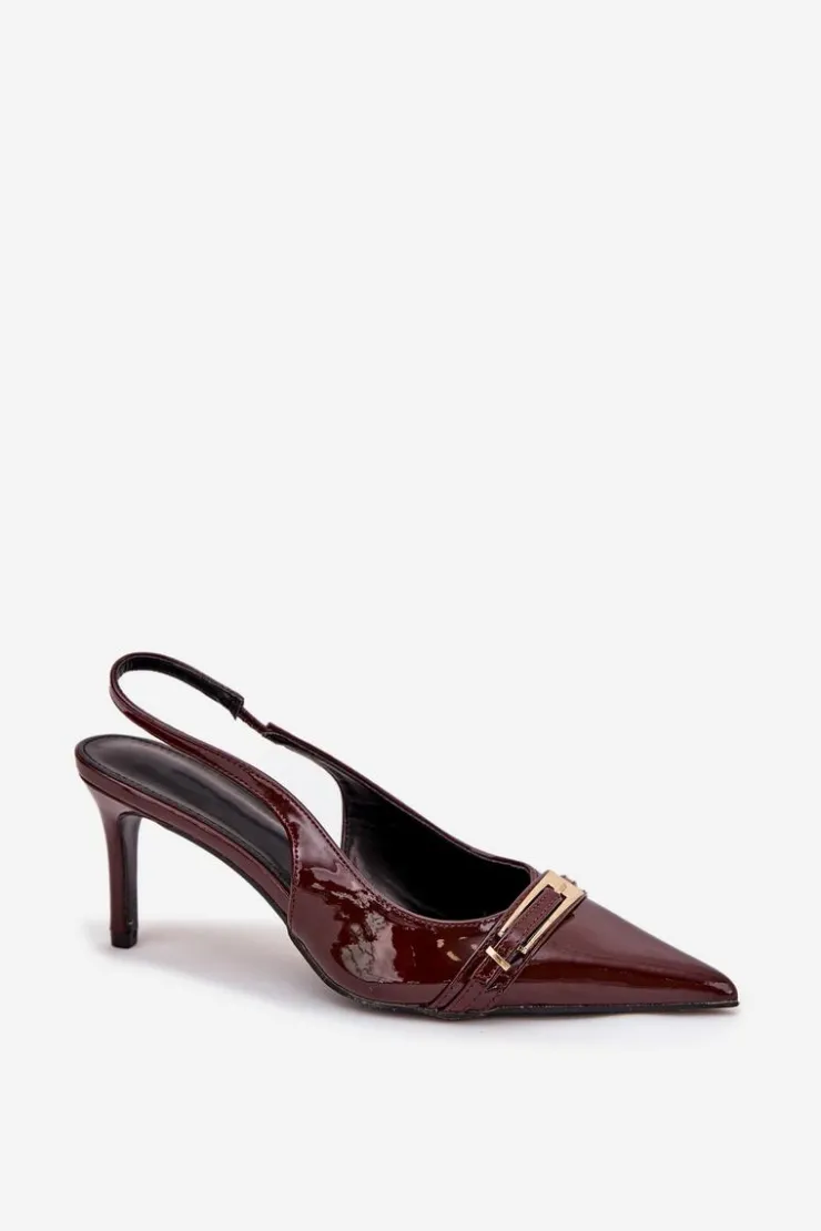 Boto Szpilki Lakierowane|Czółenka Klasyczne*Lakierowane Czółenka Na Szpilce Ze Złotą Klamrą Czekoladowe Vivae