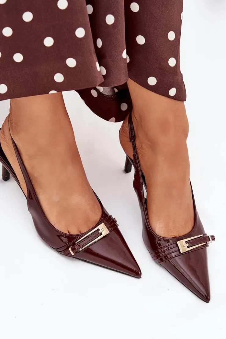 Boto Szpilki Lakierowane|Czółenka Klasyczne*Lakierowane Czółenka Na Szpilce Ze Złotą Klamrą Czekoladowe Vivae