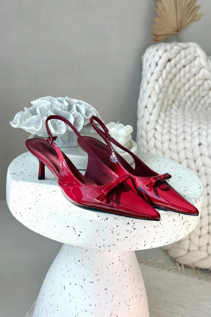 Clearance Boto Lakierowane Czółenka Na Szpilce Z Kokardką Bordowe Olvena Czerwony