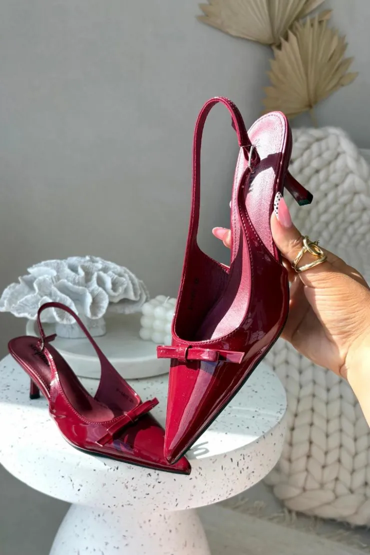 Clearance Boto Lakierowane Czółenka Na Szpilce Z Kokardką Bordowe Olvena Czerwony