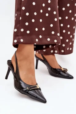 New Boto Lakierowane Czółenka Na Szpilce Ze Złotą Klamrą Czarne Vivae Czarny