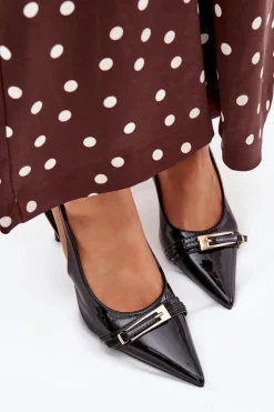 New Boto Lakierowane Czółenka Na Szpilce Ze Złotą Klamrą Czarne Vivae Czarny