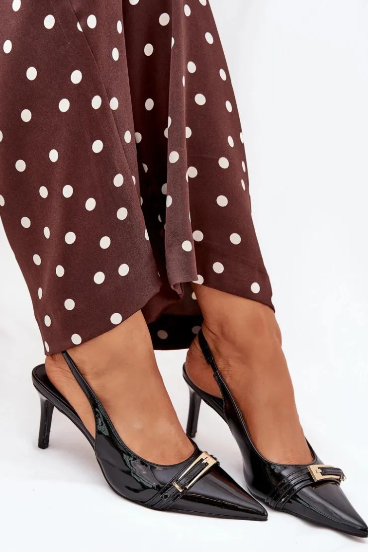 New Boto Lakierowane Czółenka Na Szpilce Ze Złotą Klamrą Czarne Vivae Czarny