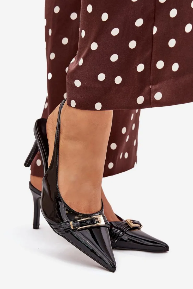 New Boto Lakierowane Czółenka Na Szpilce Ze Złotą Klamrą Czarne Vivae Czarny