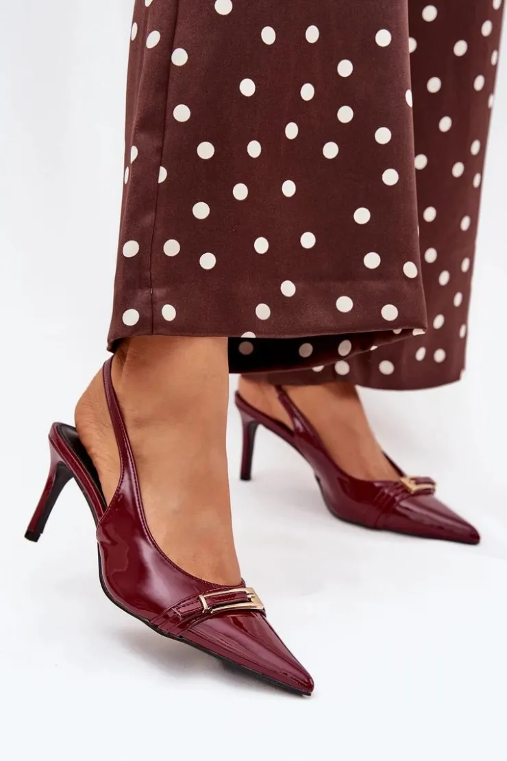 Boto Szpilki Lakierowane|Czółenka Klasyczne*Lakierowane Czółenka Na Szpilce Ze Złotą Klamrą Bordowe Vivae Czerwony