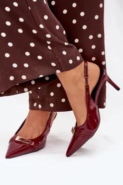Boto Szpilki Lakierowane|Czółenka Klasyczne*Lakierowane Czółenka Na Szpilce Ze Złotą Klamrą Bordowe Vivae Czerwony